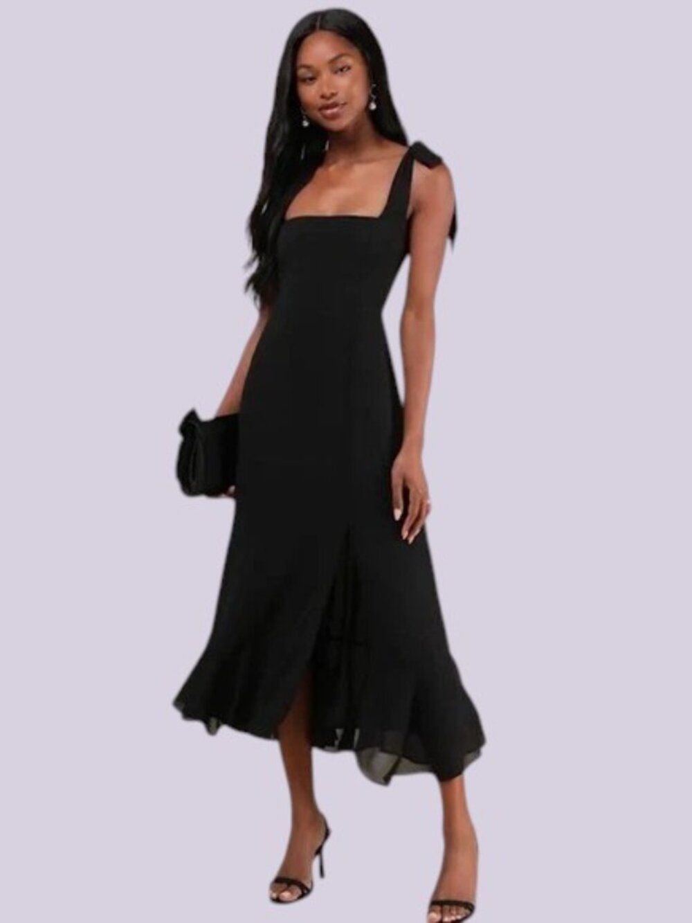 LULUS Size Small Summer Invite Black Tie-Strap Tiered Midi Dress Airy Chiffon